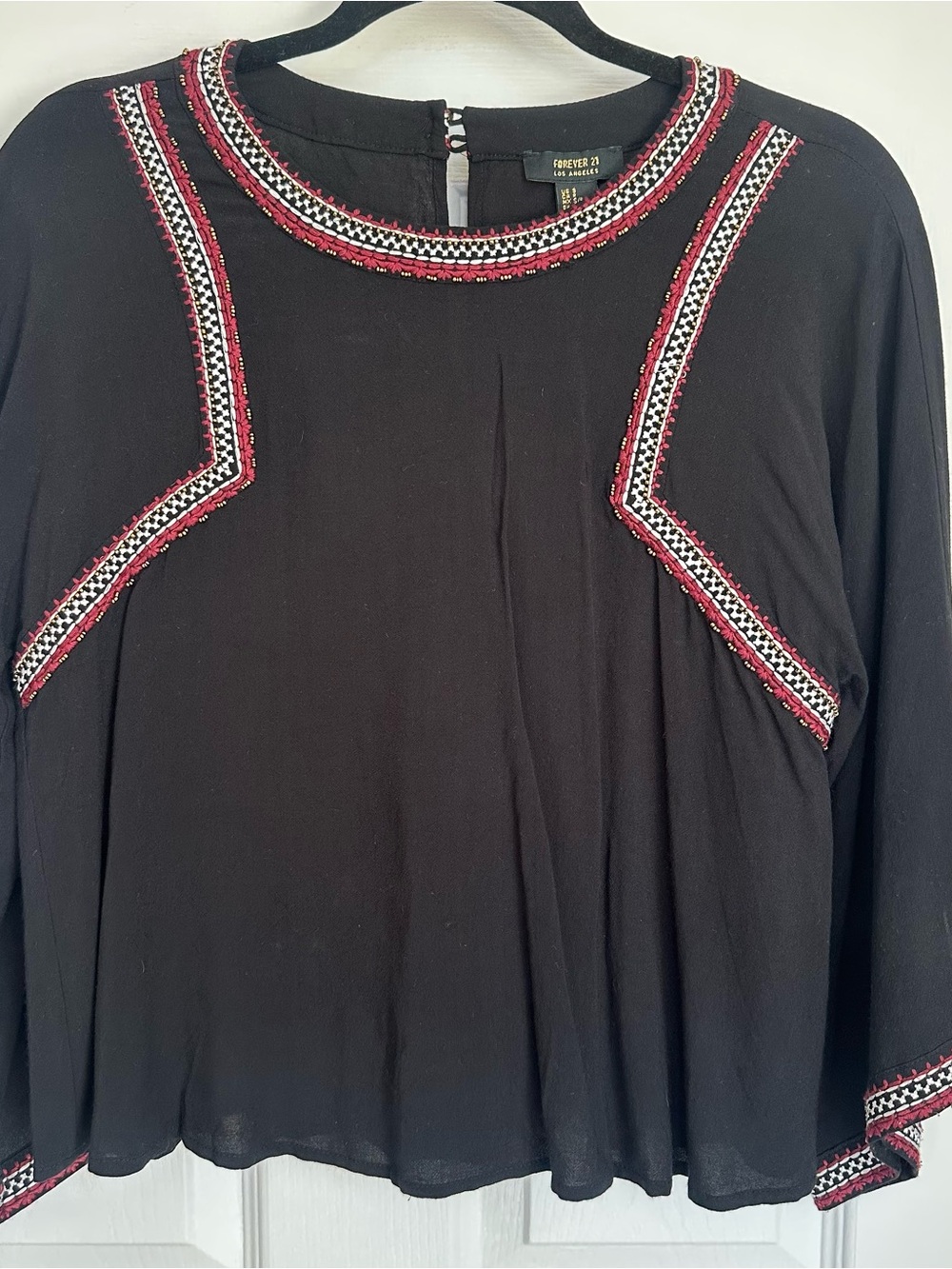 Forever 21 Black Blouse with Red & White Embroidered Trim